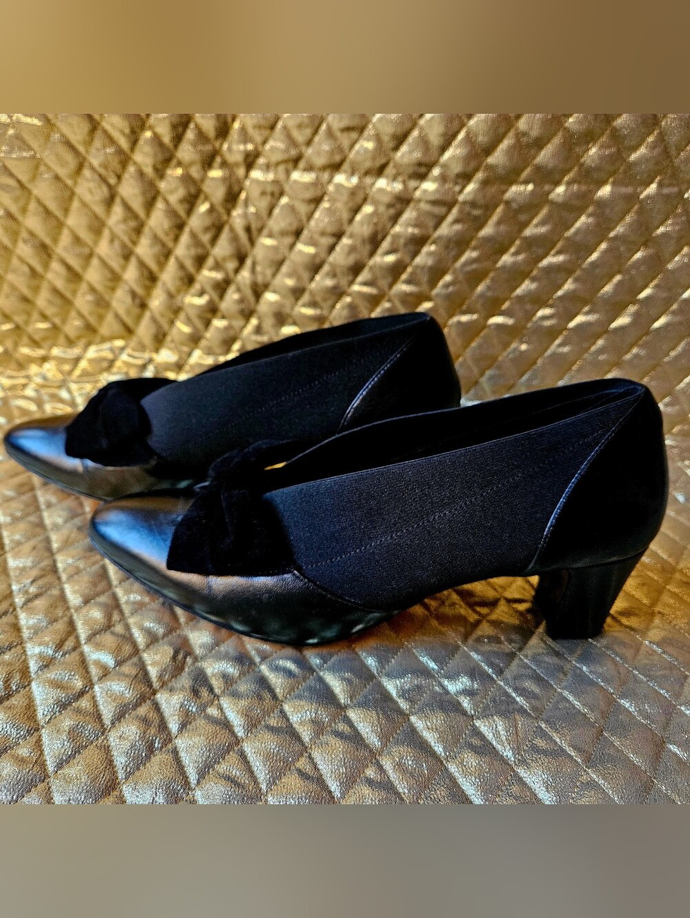 ​PREVATA Italy Black Leather & Stretch Bow Pumps Block Heel Size 8.5 B Shoes